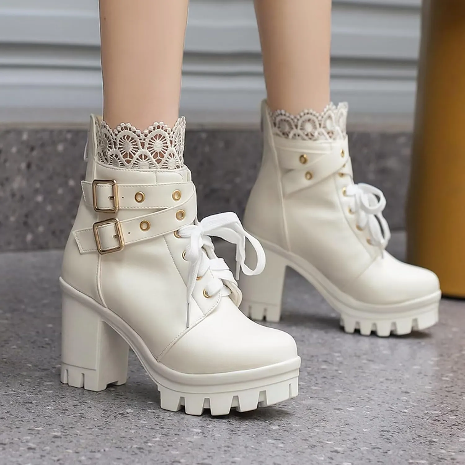 MEOTINA Goth Platform Boots Chunky High Heels Ankle Boots Lace Buckle Gothic Cosplay Booties Zipper Punk Shoes