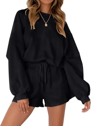 MEROKEETY Women's 2025 Fall Oversized Batwing Sleeve Lounge Sets Casual Top and Shorts 2 Piece Outfits Sweatsuit
