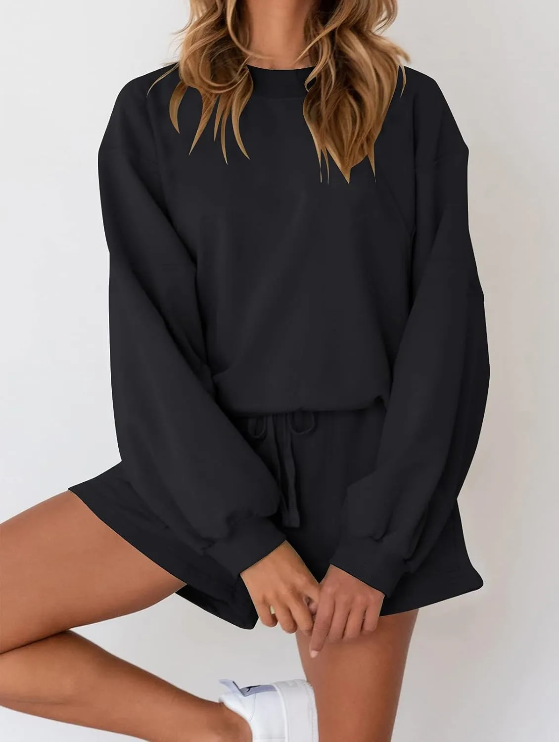 MEROKEETY Women's 2025 Fall Oversized Batwing Sleeve Lounge Sets Casual Top and Shorts 2 Piece Outfits Sweatsuit