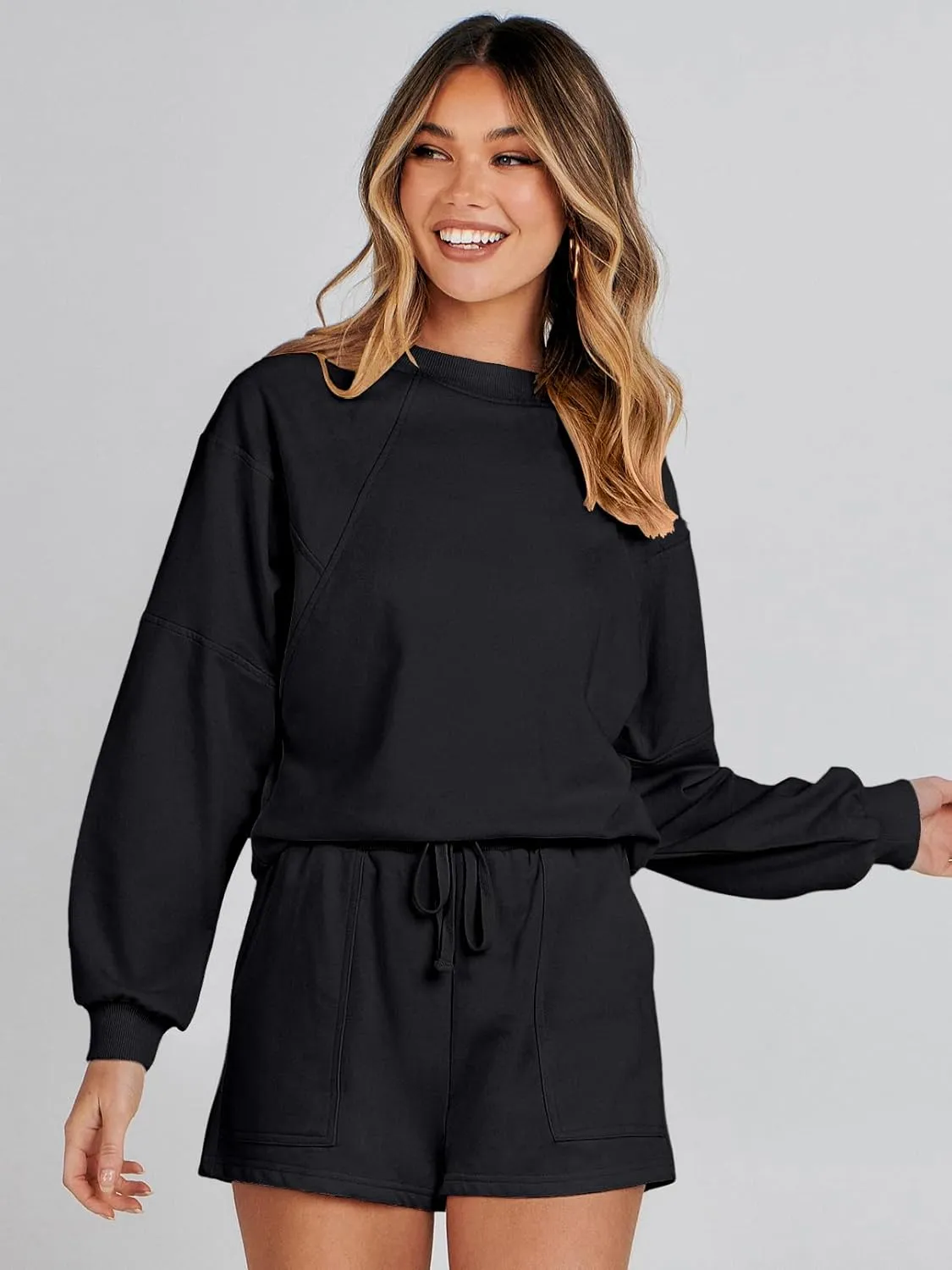MEROKEETY Women's 2025 Fall Oversized Batwing Sleeve Lounge Sets Casual Top and Shorts 2 Piece Outfits Sweatsuit