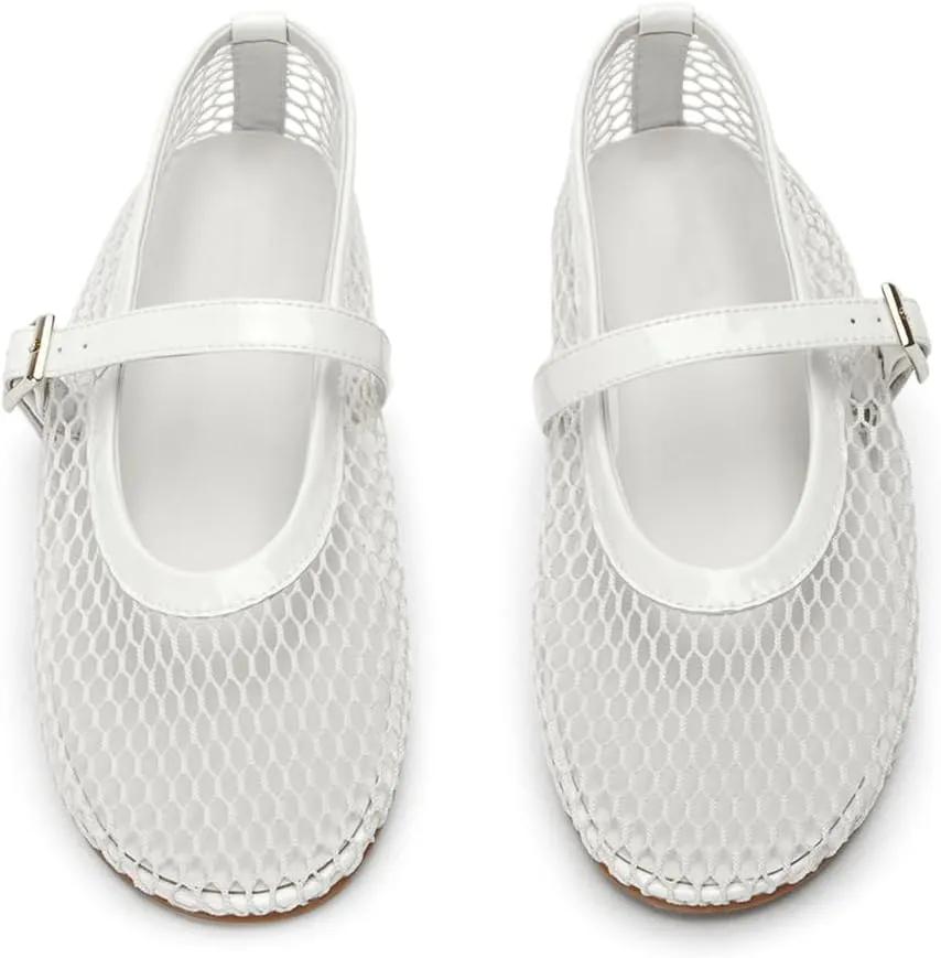 Mesh Ballet Flats for Women Buckle Strap Comfy Casual Office Mary Jane Flat Fishnet Ballerina Flat Shoes