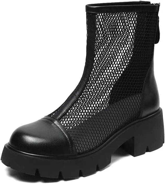 Mesh Boots for Women Platform Combat Mesh Booties Round Toe High Top Sandals Womens Back Zipper Dress Fishnet Boots
