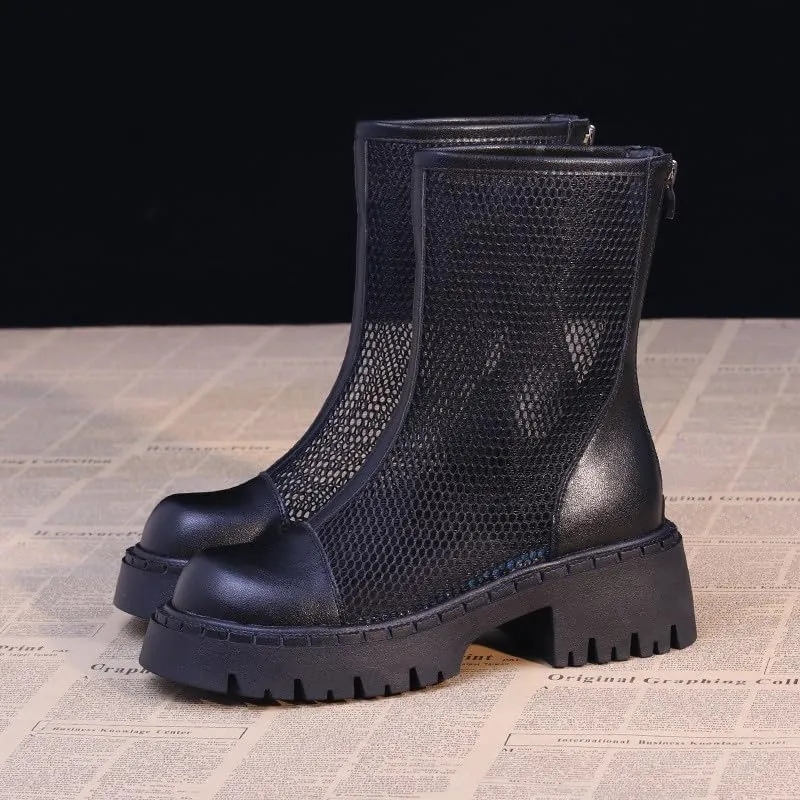 Mesh Boots for Women Platform Combat Mesh Booties Round Toe High Top Sandals Womens Back Zipper Dress Fishnet Boots