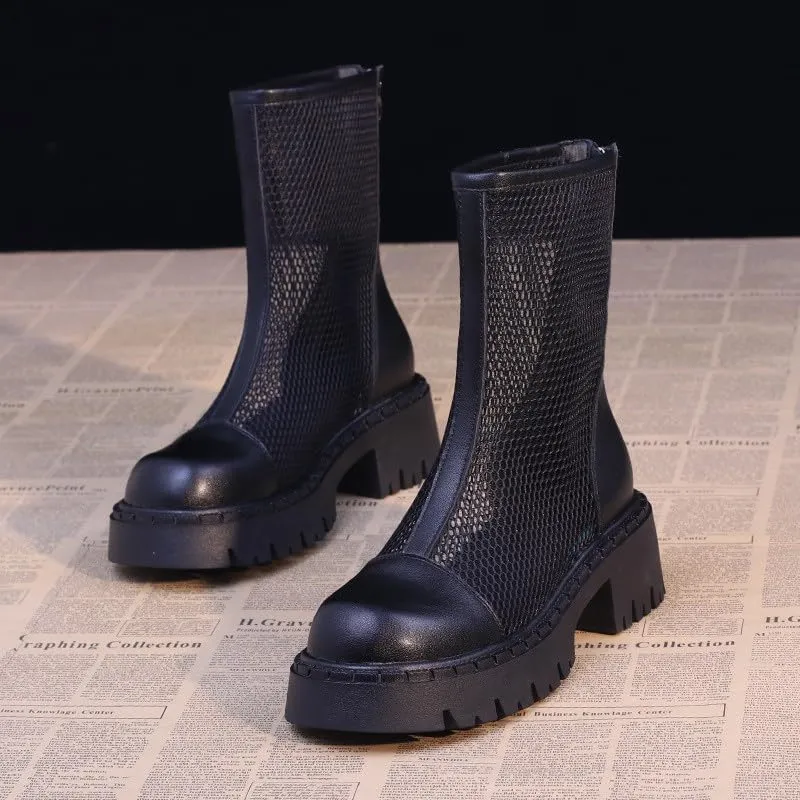 Mesh Boots for Women Platform Combat Mesh Booties Round Toe High Top Sandals Womens Back Zipper Dress Fishnet Boots