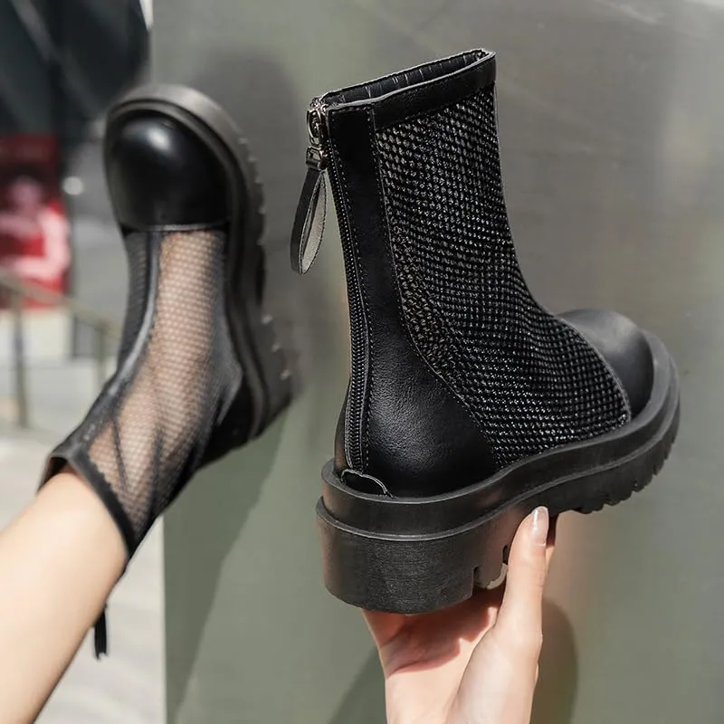 Mesh Boots for Women Platform Combat Mesh Booties Round Toe High Top Sandals Womens Back Zipper Dress Fishnet Boots