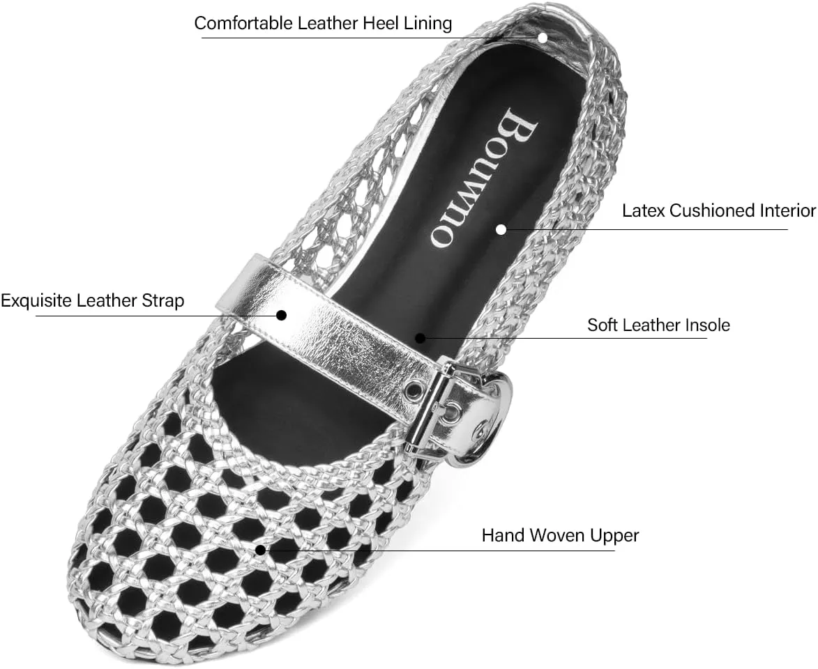 Mesh Flats for Women Hand Woven Leather Insole Round Toe Mary Jane Shoes Women Comfortable Ballet Flats Shoes with Metal Buckle Strap