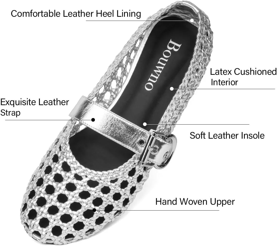Mesh Flats for Women Hand Woven Leather Insole Round Toe Mary Jane Shoes Women Comfortable Ballet Flats Shoes with Metal Buckle Strap