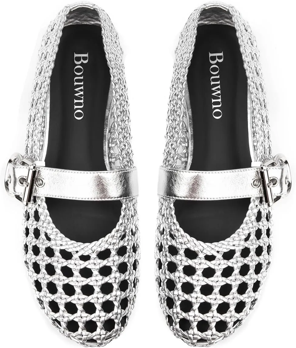 Mesh Flats for Women Hand Woven Leather Insole Round Toe Mary Jane Shoes Women Comfortable Ballet Flats Shoes with Metal Buckle Strap