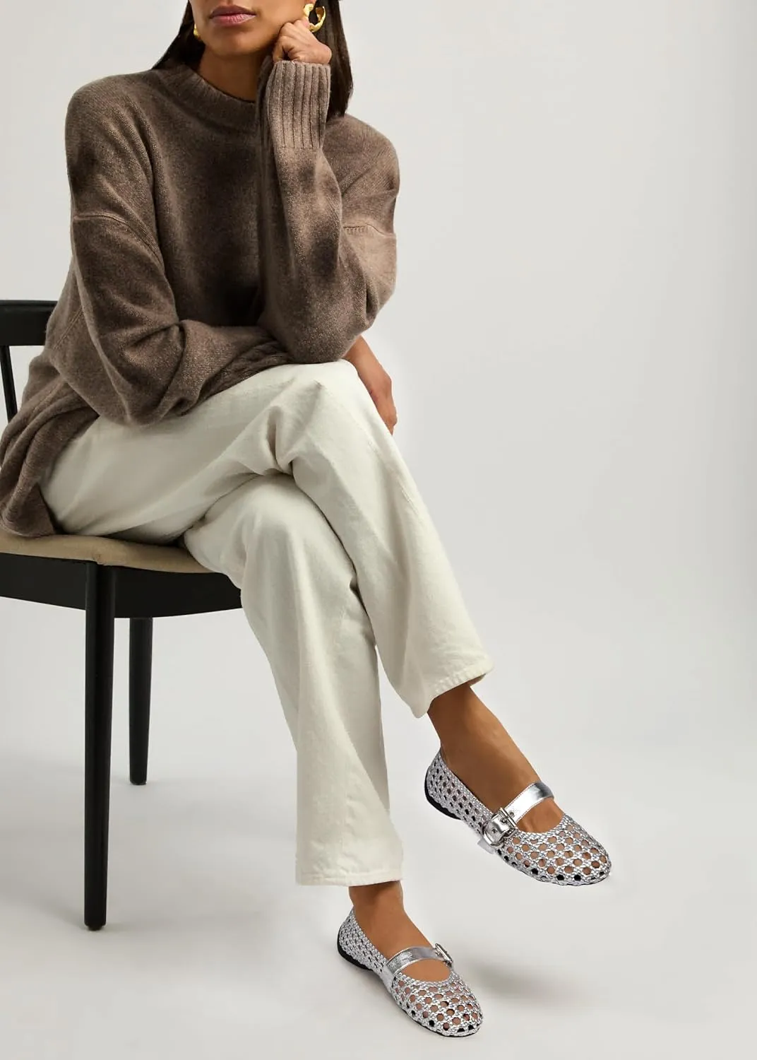 Mesh Flats for Women Hand Woven Leather Insole Round Toe Mary Jane Shoes Women Comfortable Ballet Flats Shoes with Metal Buckle Strap