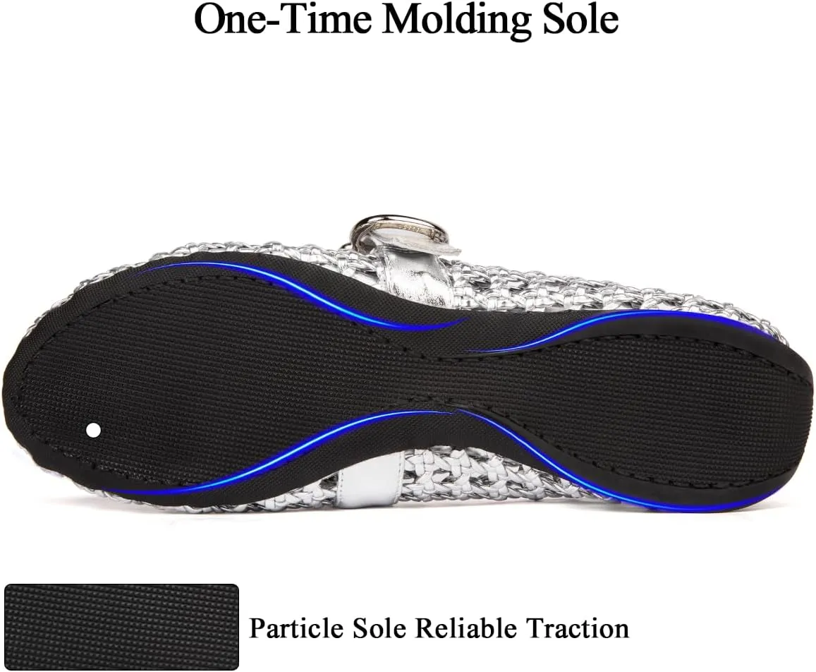 Mesh Flats for Women Hand Woven Leather Insole Round Toe Mary Jane Shoes Women Comfortable Ballet Flats Shoes with Metal Buckle Strap