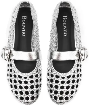 Mesh Flats for Women Hand Woven Leather Insole Round Toe Mary Jane Shoes Women Comfortable Ballet Flats Shoes with Metal Buckle Strap