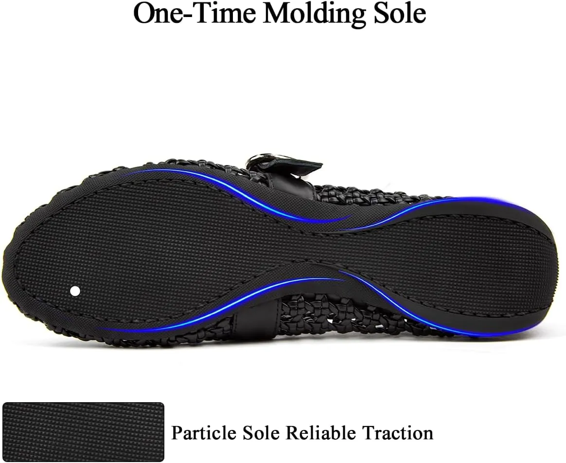 Mesh Flats for Women Hand Woven Leather Insole Round Toe Mary Jane Shoes Women Comfortable Ballet Flats Shoes with Metal Buckle Strap