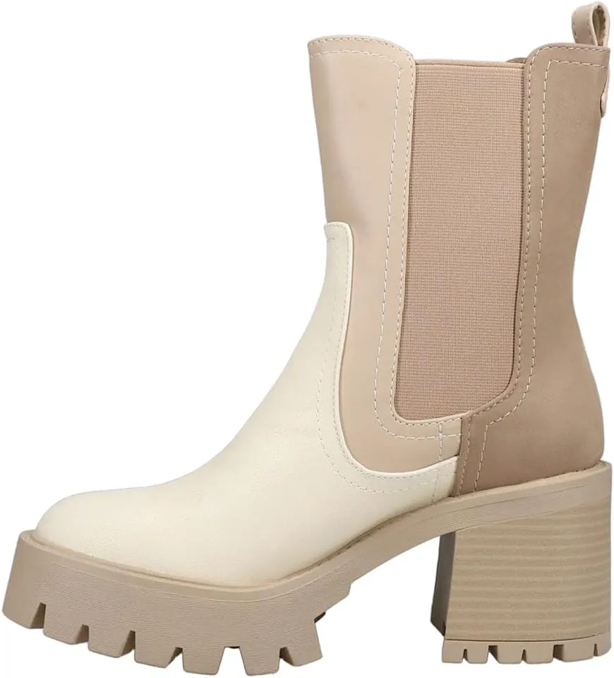 MIA Womens Remi Round Toe Platform Chelsea Casual Boots Mid Calf High Heel 3" & Up - Beige