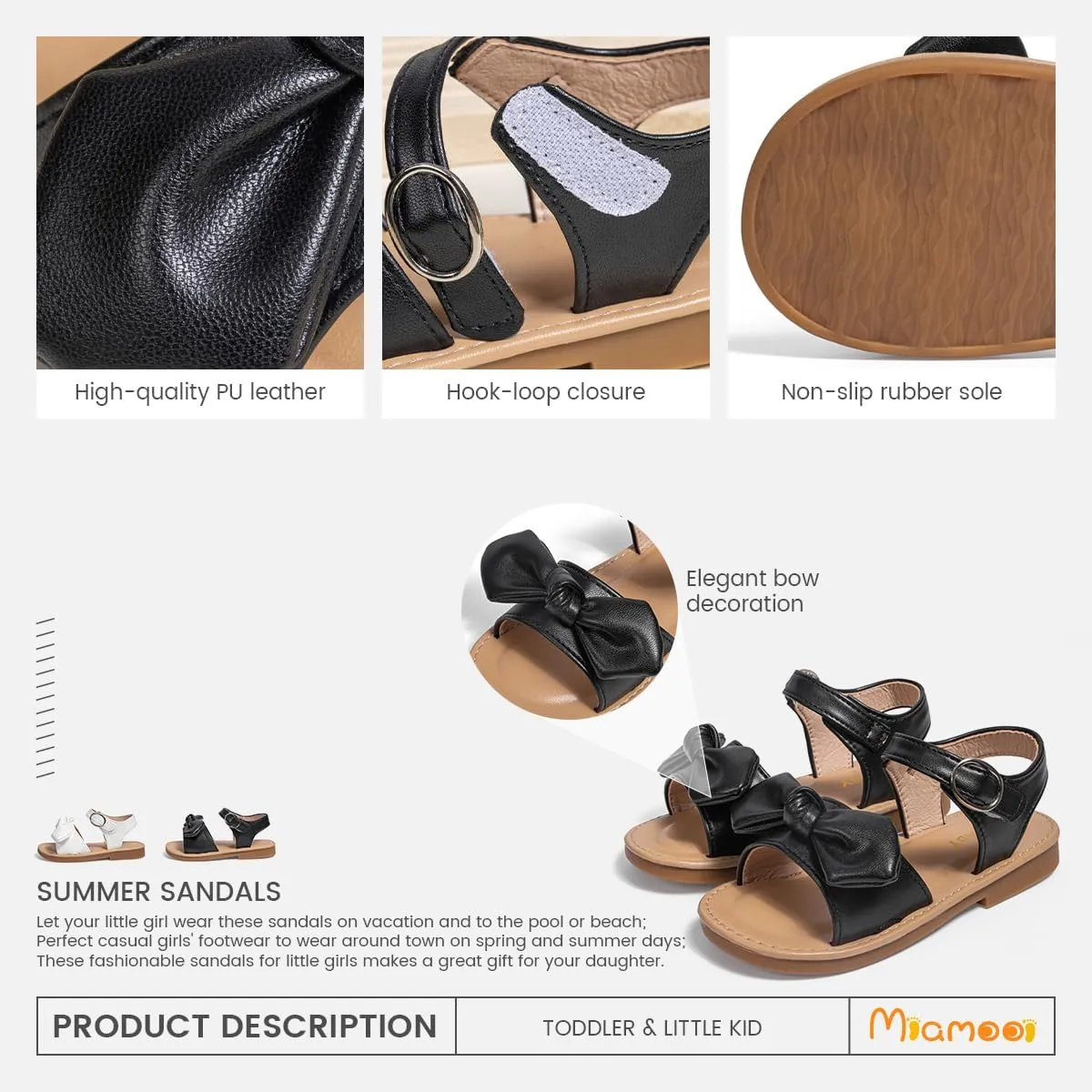 Miamooi Toddler Girls Summer Sandals Little Kid Open Toe Princess Dress Flats Sandals PU Leather Rubber Sole Wedding School Shoes