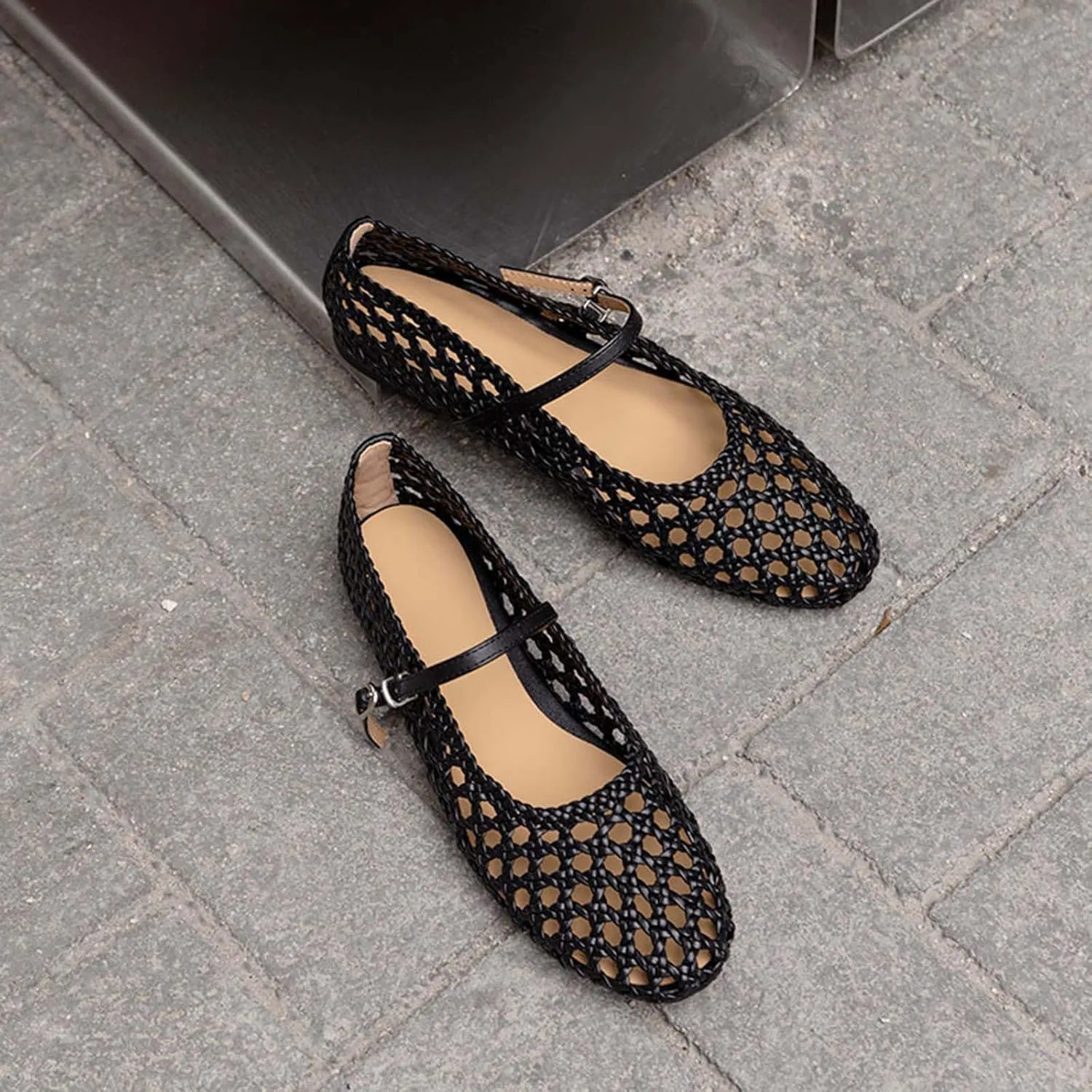 MICIFA Ballet Flats Round Toe Bow Fishnet Mary Jane Flats Dress Wedding Ballerinas Shoes