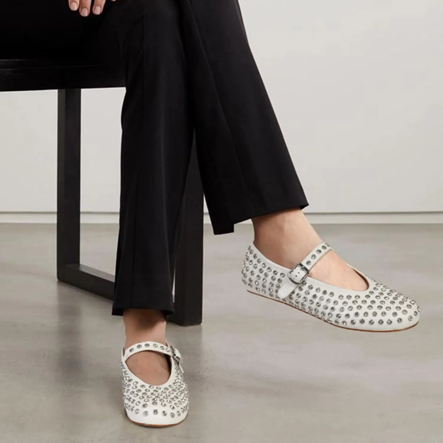 MICIFA Rhinestone Ballet Flats for Women, Crystals Ballerina Shoes Buckle Strap Mary Jane Flats Round Toe Casual Dress Shoes