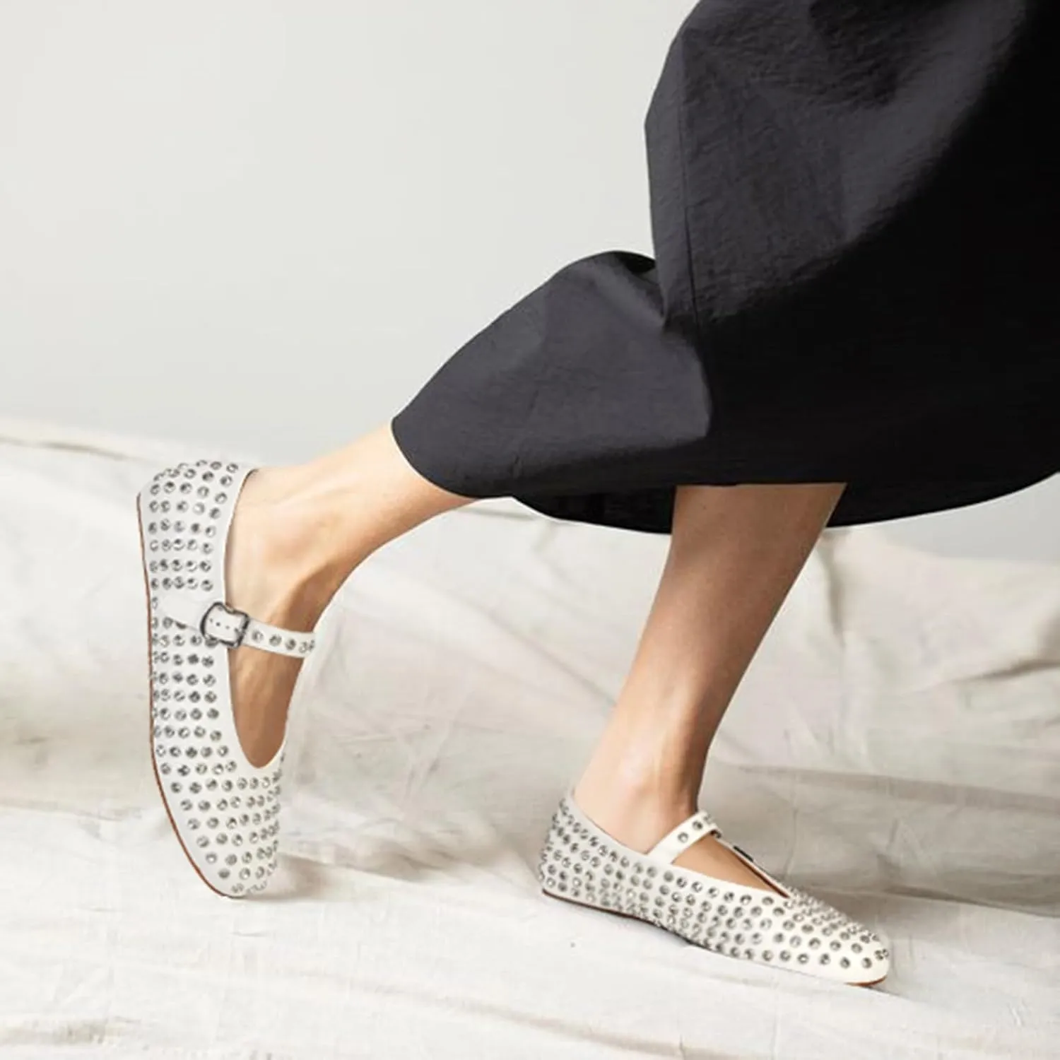 MICIFA Rhinestone Ballet Flats for Women, Crystals Ballerina Shoes Buckle Strap Mary Jane Flats Round Toe Casual Dress Shoes