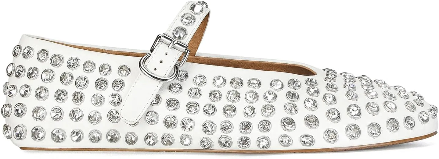 MICIFA Rhinestone Ballet Flats for Women, Crystals Ballerina Shoes Buckle Strap Mary Jane Flats Round Toe Casual Dress Shoes