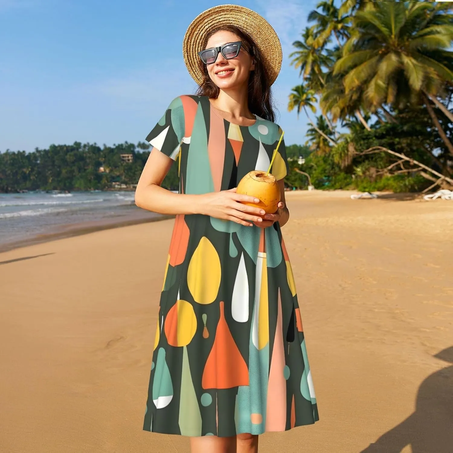Mid Century Modern Retro with Drop Shapes Womens Summer Dress Casual Swing Short Sleeve Sundresses for Daily Wear, Shopping