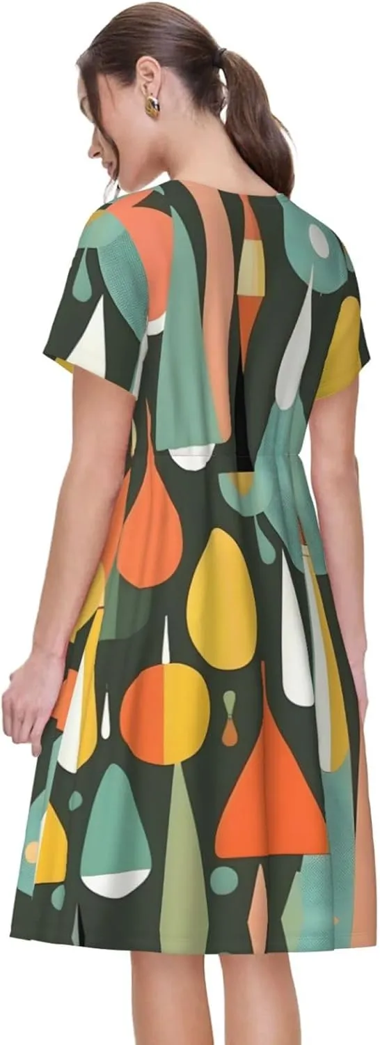 Mid Century Modern Retro with Drop Shapes Womens Summer Dress Casual Swing Short Sleeve Sundresses for Daily Wear, Shopping