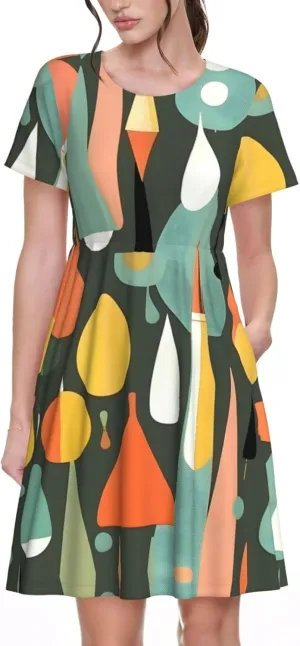 Mid Century Modern Retro with Drop Shapes Womens Summer Dress Casual Swing Short Sleeve Sundresses for Daily Wear, Shopping