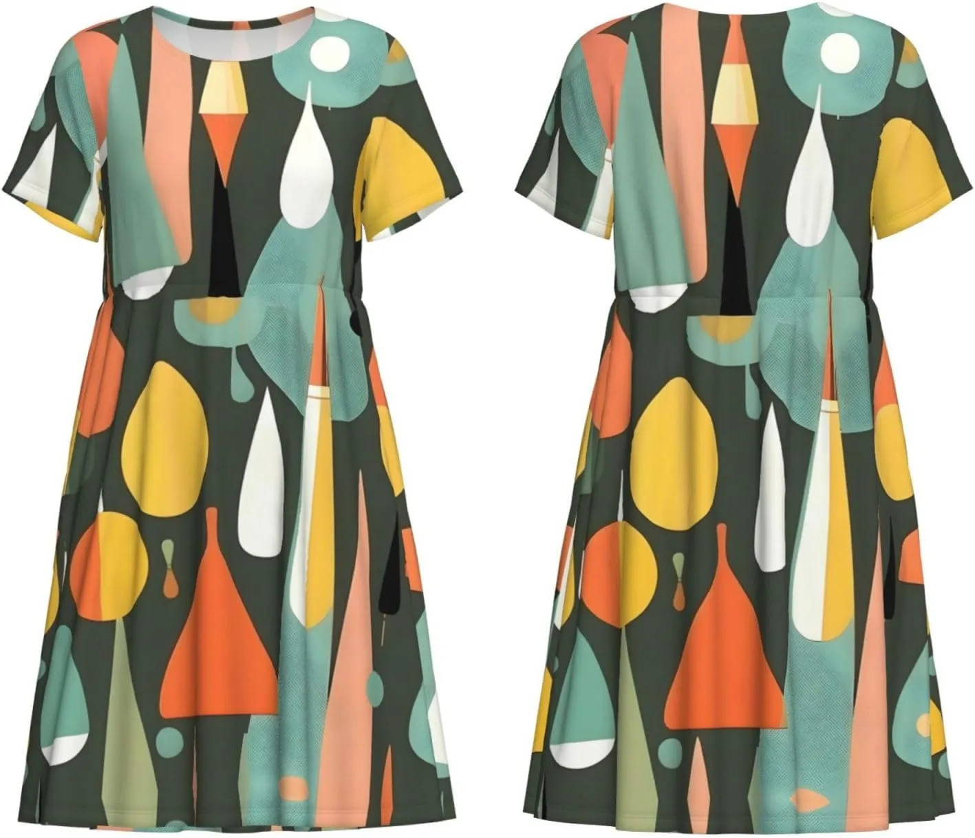 Mid Century Modern Retro with Drop Shapes Womens Summer Dress Casual Swing Short Sleeve Sundresses for Daily Wear, Shopping
