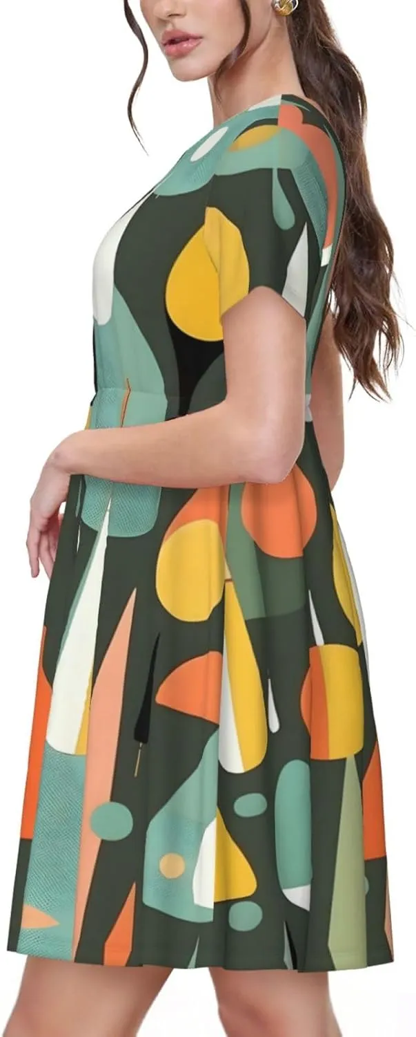 Mid Century Modern Retro with Drop Shapes Womens Summer Dress Casual Swing Short Sleeve Sundresses for Daily Wear, Shopping