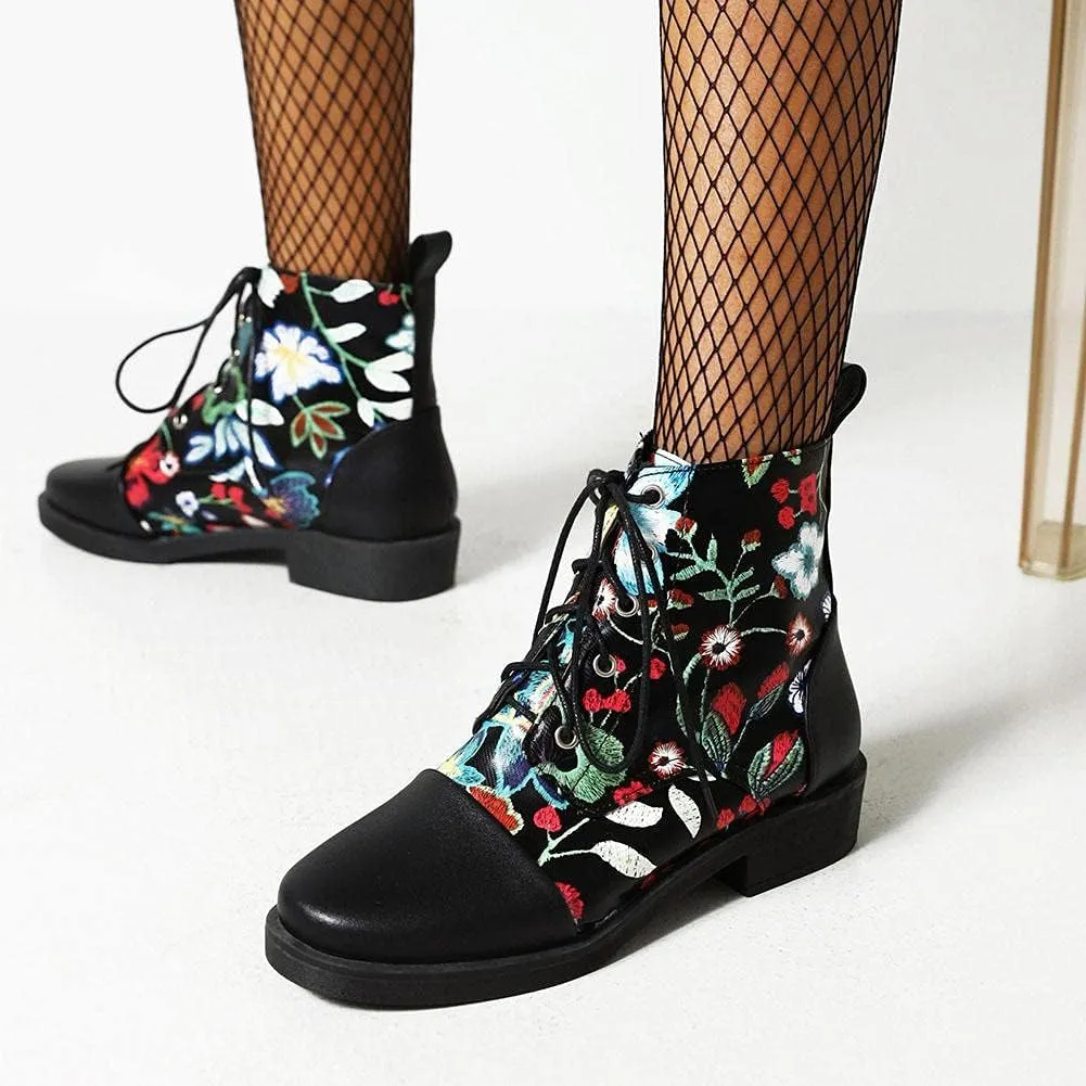 mikarka Womens Floral Embroidery Ankle Boots Round Toe Lace Up Low Chunky Heel Flat Boots Winter Booties