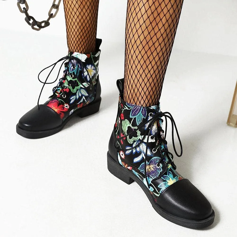 mikarka Womens Floral Embroidery Ankle Boots Round Toe Lace Up Low Chunky Heel Flat Boots Winter Booties