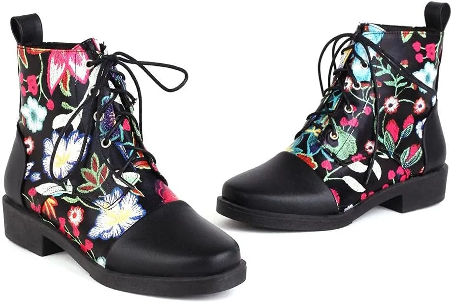 mikarka Womens Floral Embroidery Ankle Boots Round Toe Lace Up Low Chunky Heel Flat Boots Winter Booties
