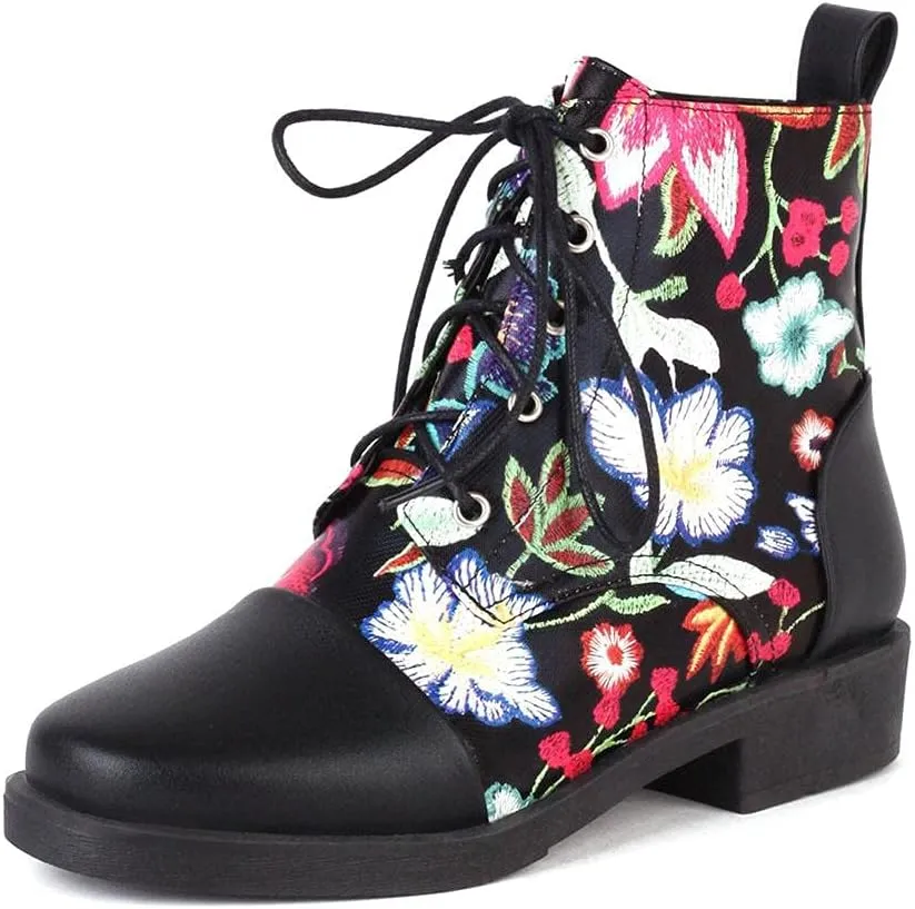 mikarka Womens Floral Embroidery Ankle Boots Round Toe Lace Up Low Chunky Heel Flat Boots Winter Booties