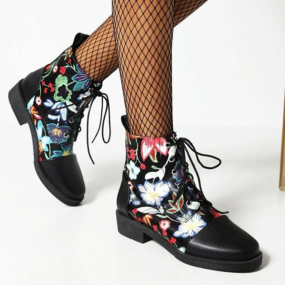 mikarka Womens Floral Embroidery Ankle Boots Round Toe Lace Up Low Chunky Heel Flat Boots Winter Booties
