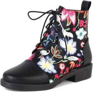 mikarka Womens Floral Embroidery Ankle Boots Round Toe Lace Up Low Chunky Heel Flat Boots Winter Booties