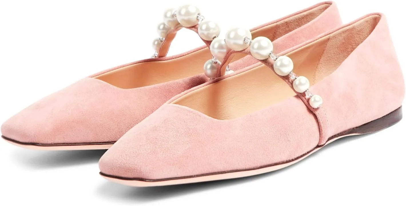 MIRAAZZURRA Mary Jane Flats for Women Ballet Flats Square Toe Pearl Strap Retro Dress Shoes