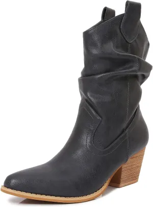 mm Women's Modern Western Short Cowboy Boot with Pull-Up Tabs, Slip On Pointed Toe Chunky Heel Cowgirl Boots for Girls Ladies Fall, Brown White Navy