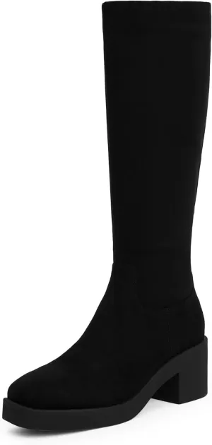 Modatope Platform Knee High Boots Square Toe Chunky Heel Boots for Women Side Zipper Block Heel Womens Heeled Boots