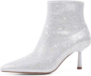 Modatope Rhinestone Boots for Women Pointed Toe Ankle Boots Silver Sparkly Boots Booties for Wedding Party Music Festivals