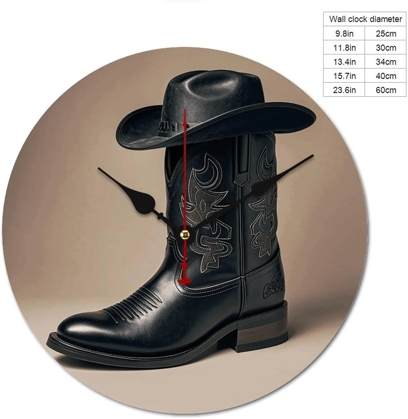 Modern Fashion Wall Clock Non Ticking Wall Clock Cowboy Black Hat Western Boots Wooden Round No Scale Clock Battery Operated Clock for Bedroom Office 23.6 in Black