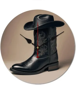 Modern Fashion Wall Clock Non Ticking Wall Clock Cowboy Black Hat Western Boots Wooden Round No Scale Clock Battery Operated Clock for Bedroom Office 23.6 in Black