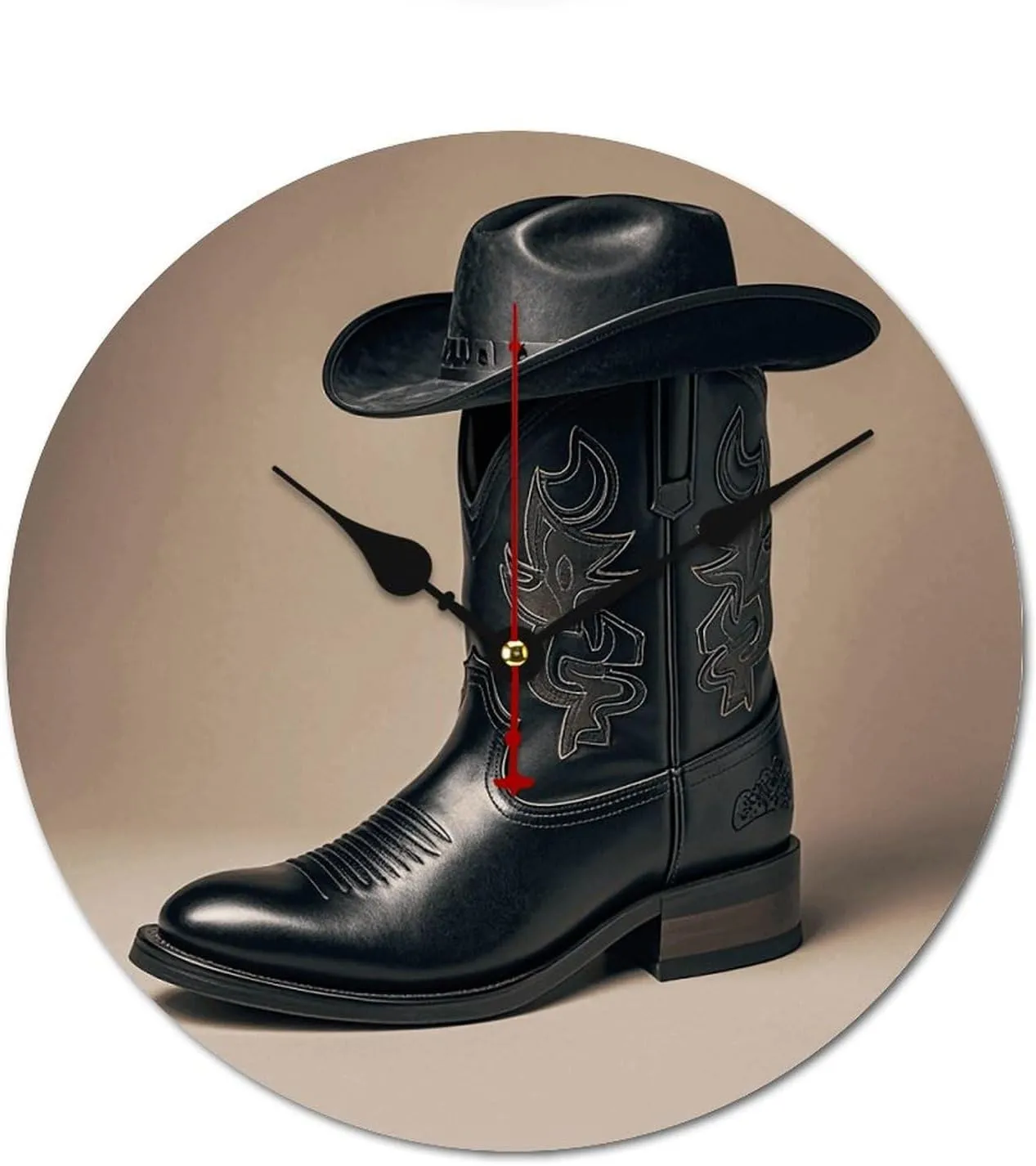 Modern Fashion Wall Clock Non Ticking Wall Clock Cowboy Black Hat Western Boots Wooden Round No Scale Clock Battery Operated Clock for Bedroom Office 23.6 in Black