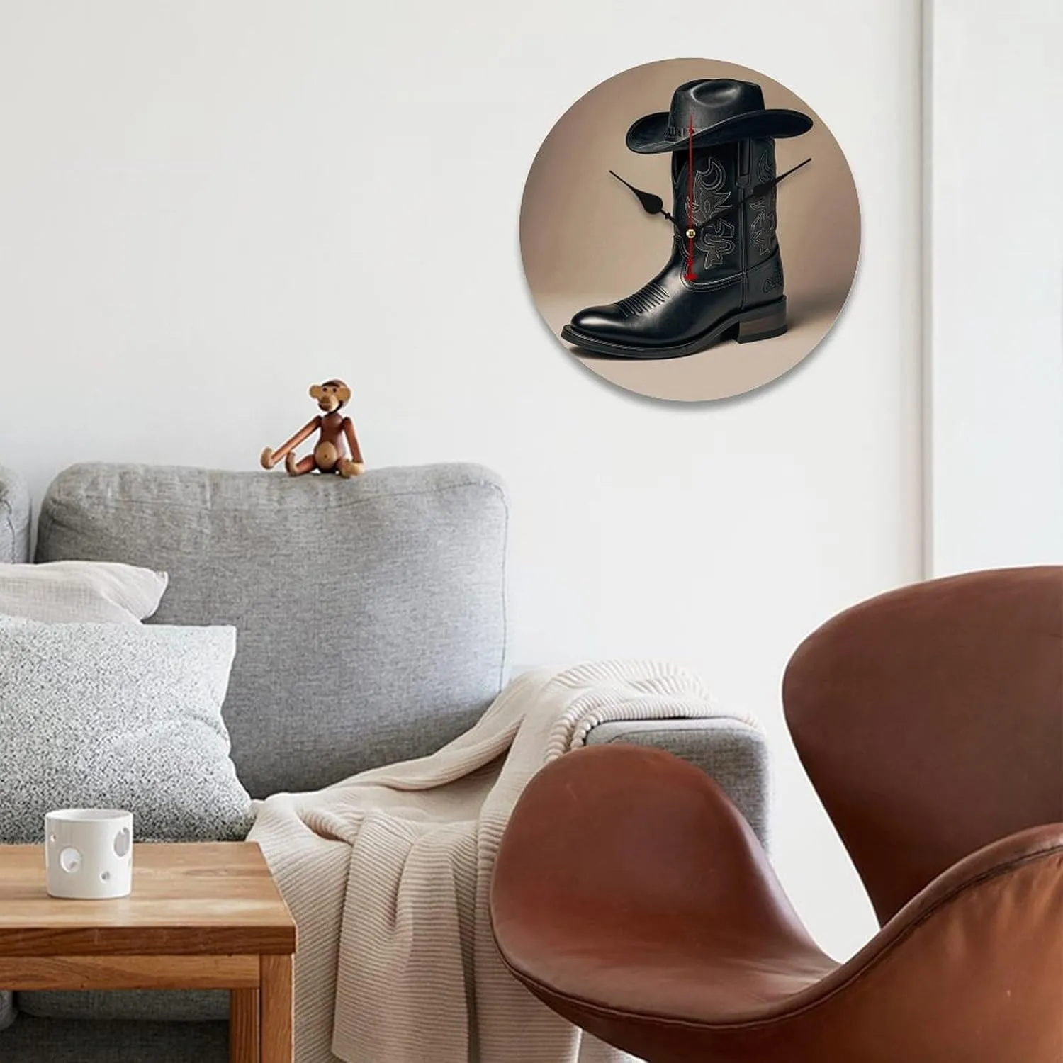 Modern Fashion Wall Clock Non Ticking Wall Clock Cowboy Black Hat Western Boots Wooden Round No Scale Clock Battery Operated Clock for Bedroom Office 23.6 in Black
