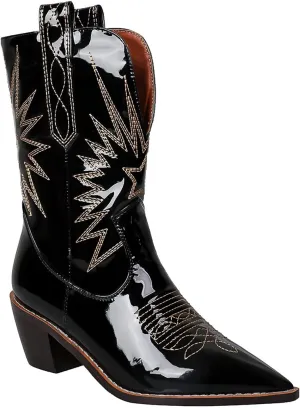 MOOMMO Women Chunky Heel Cowboy Calf Boots Patent Embroidered Mid Calf Western Boots Pointed Toe Cowgirl Booties Wide Calf 3 Inch Mid Block Heel Short Boots Party Vintage Fashion 4-11 M US