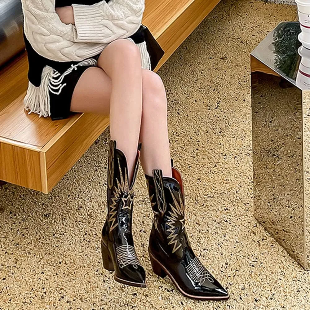 MOOMMO Women Chunky Heel Cowboy Calf Boots Patent Embroidered Mid Calf Western Boots Pointed Toe Cowgirl Booties Wide Calf 3 Inch Mid Block Heel Short Boots Party Vintage Fashion 4-11 M US