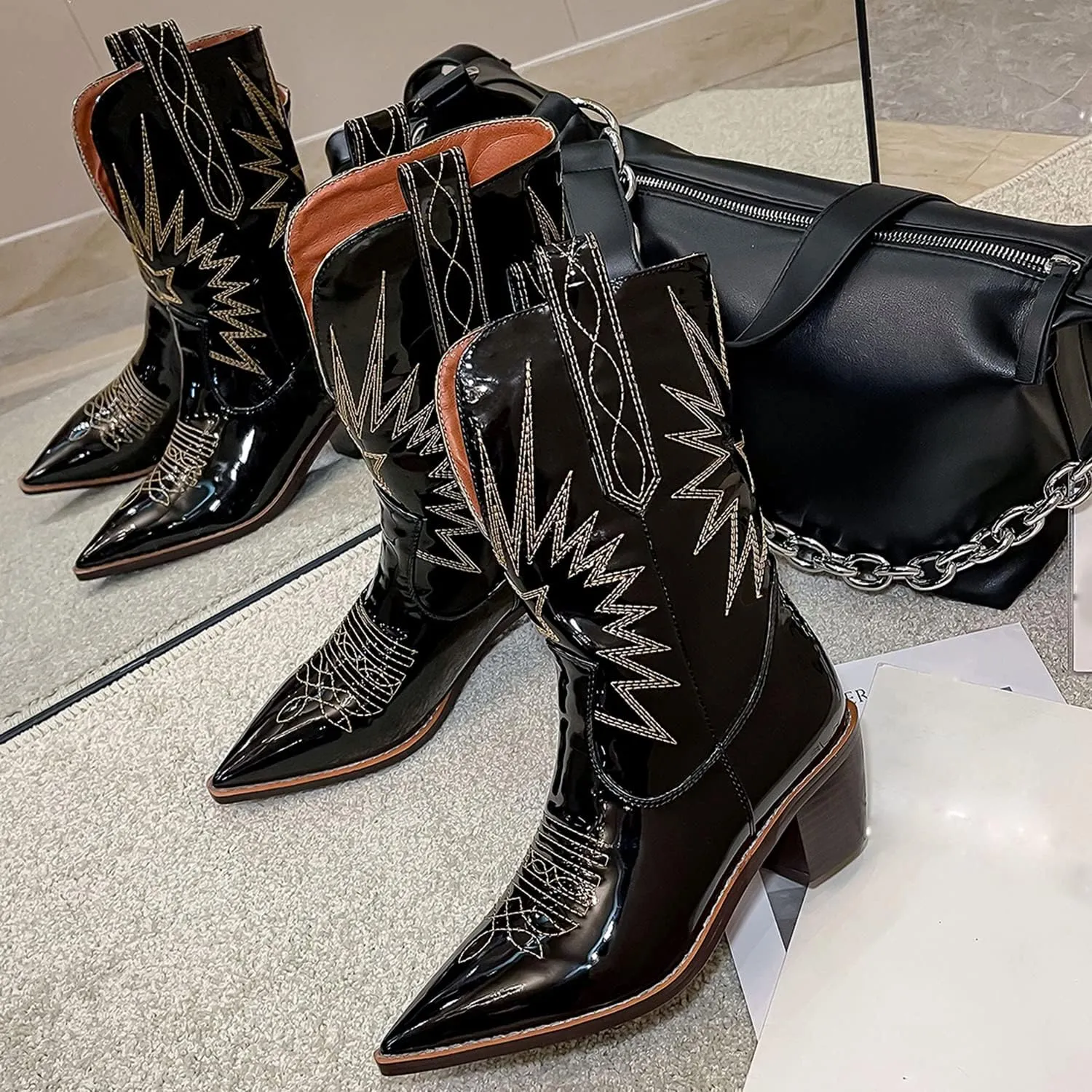 MOOMMO Women Chunky Heel Cowboy Calf Boots Patent Embroidered Mid Calf Western Boots Pointed Toe Cowgirl Booties Wide Calf 3 Inch Mid Block Heel Short Boots Party Vintage Fashion 4-11 M US