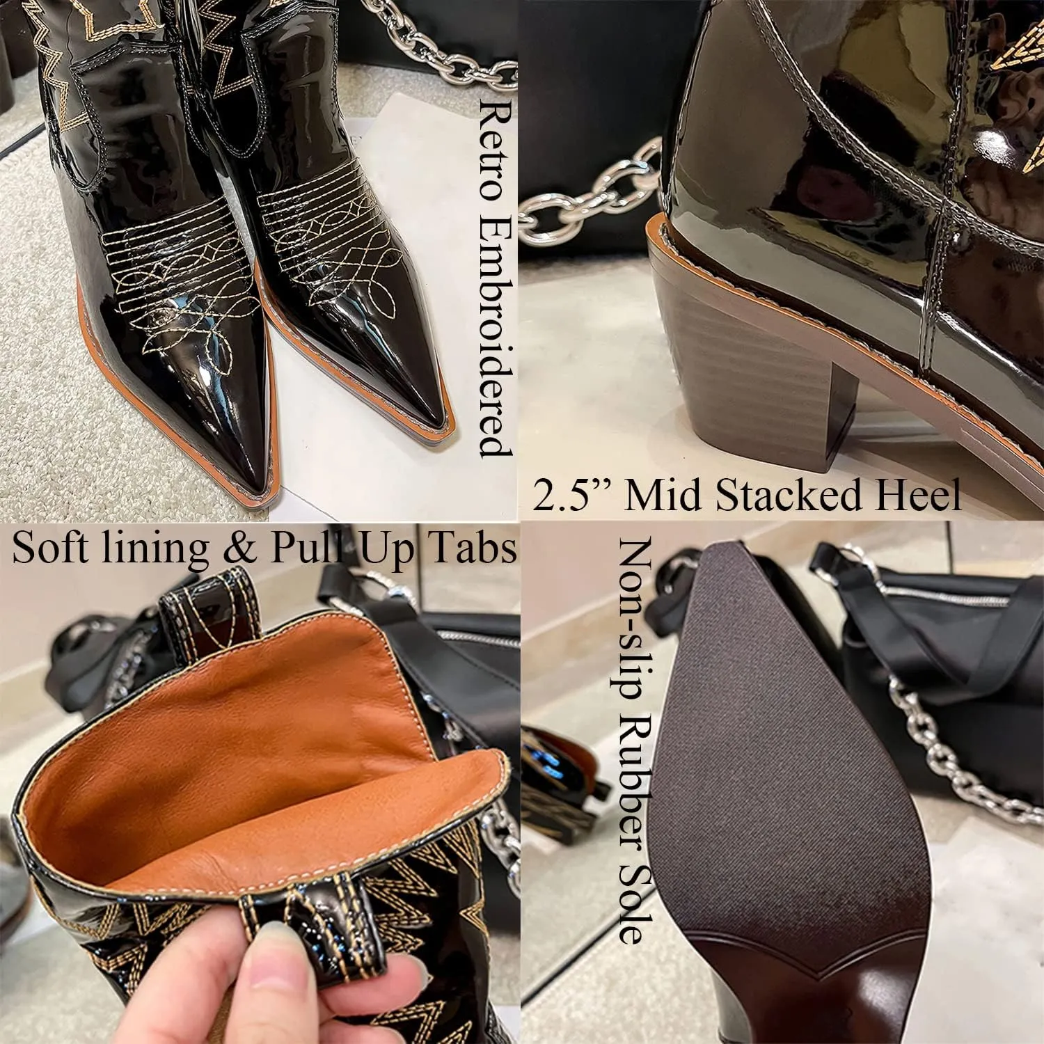 MOOMMO Women Chunky Heel Cowboy Calf Boots Patent Embroidered Mid Calf Western Boots Pointed Toe Cowgirl Booties Wide Calf 3 Inch Mid Block Heel Short Boots Party Vintage Fashion 4-11 M US