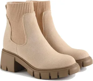 MOUSSE FIT Women's British Style Boots Elastic Chunky Heel Lug Sole Booties