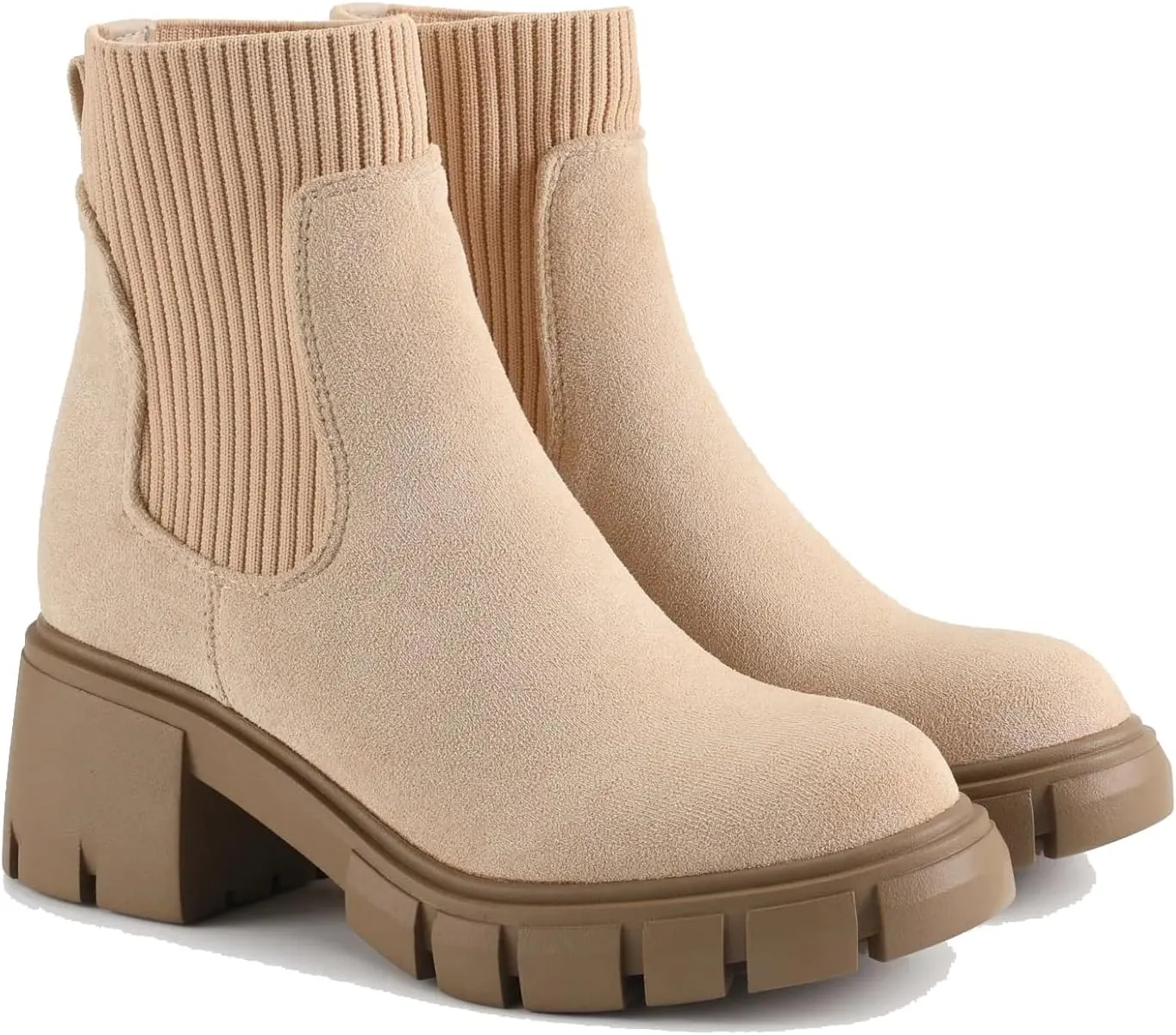 MOUSSE FIT Women's British Style Boots Elastic Chunky Heel Lug Sole Booties