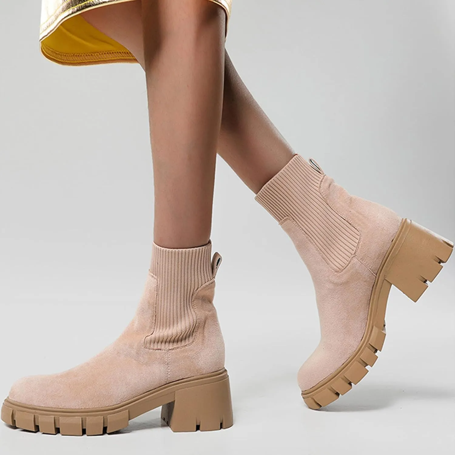 MOUSSE FIT Women's British Style Boots Elastic Chunky Heel Lug Sole Booties