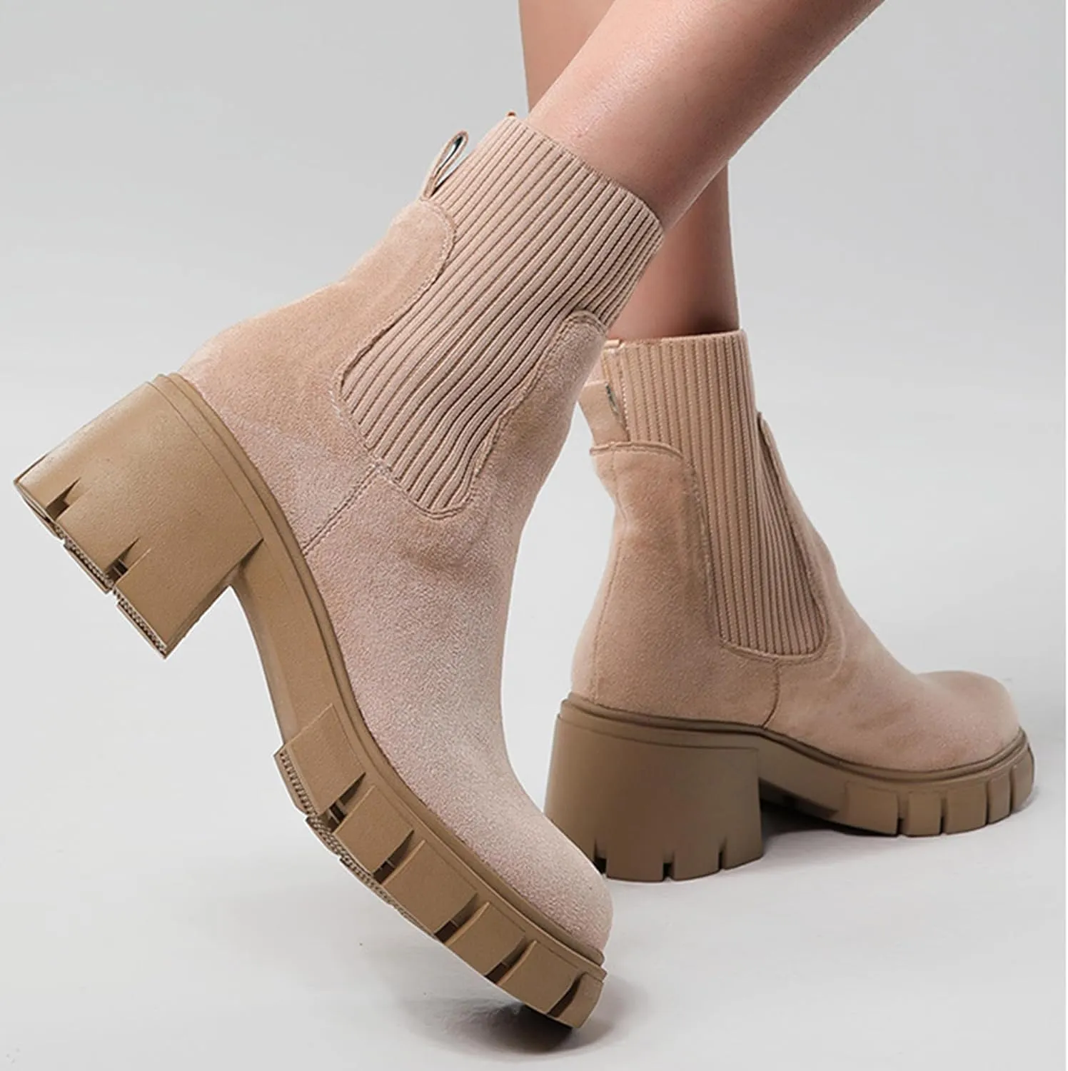 MOUSSE FIT Women's British Style Boots Elastic Chunky Heel Lug Sole Booties