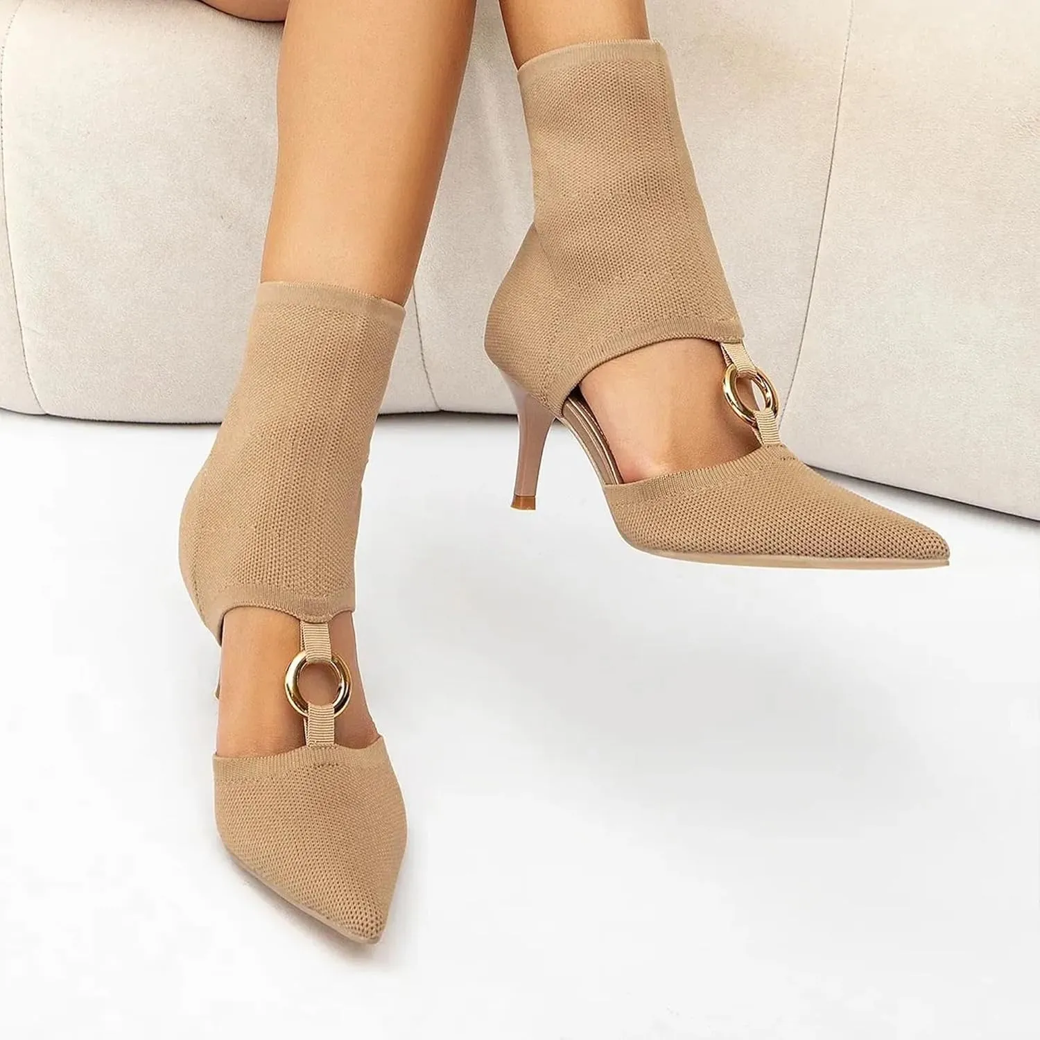 MOUSSE FIT Women's Slip-On Kitten Heel Boots - Breathable Mesh Ankle Booties for Comfortable Wear